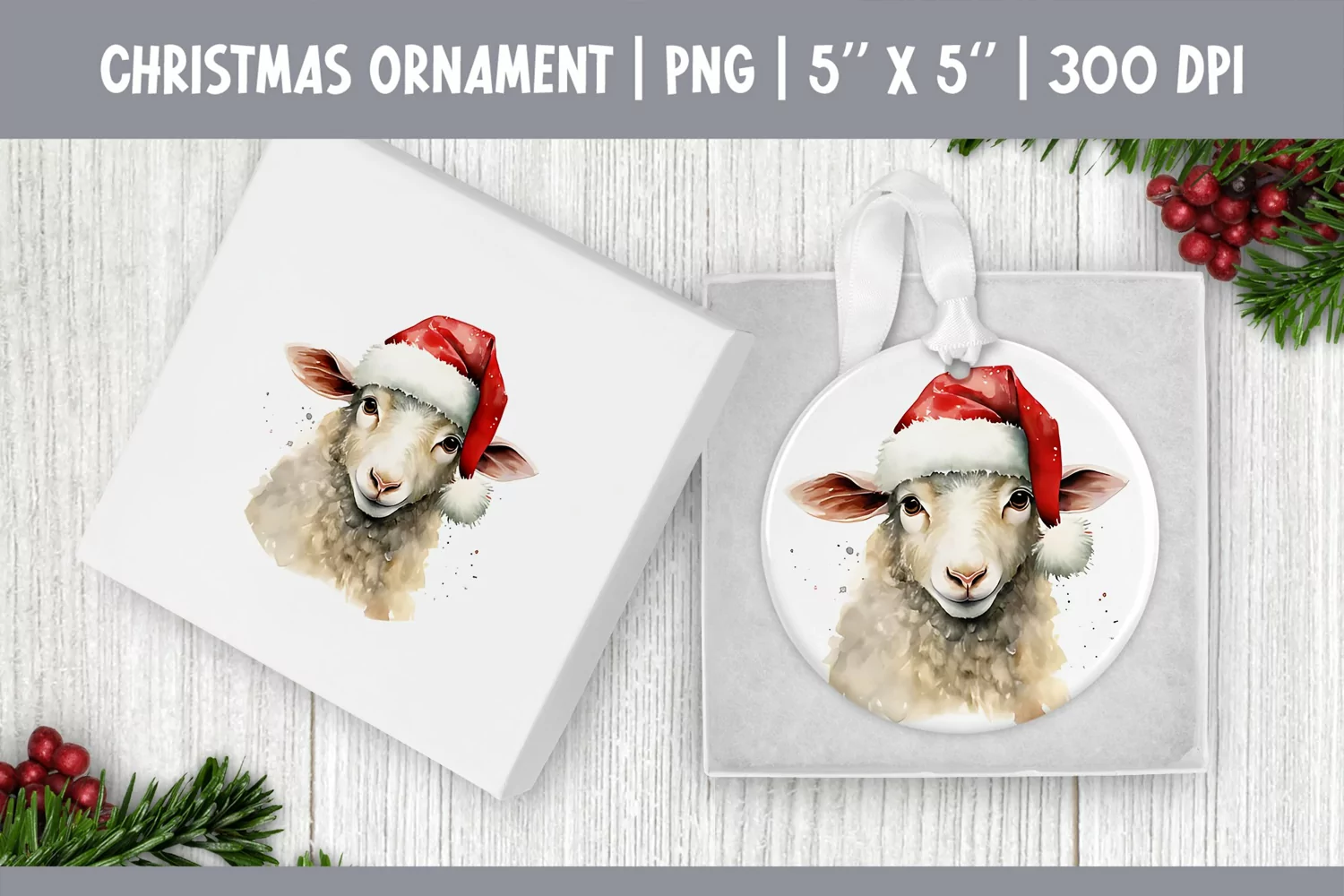 Watercolor Christmas Ornament Sublimation Design | Sheep product image 1
