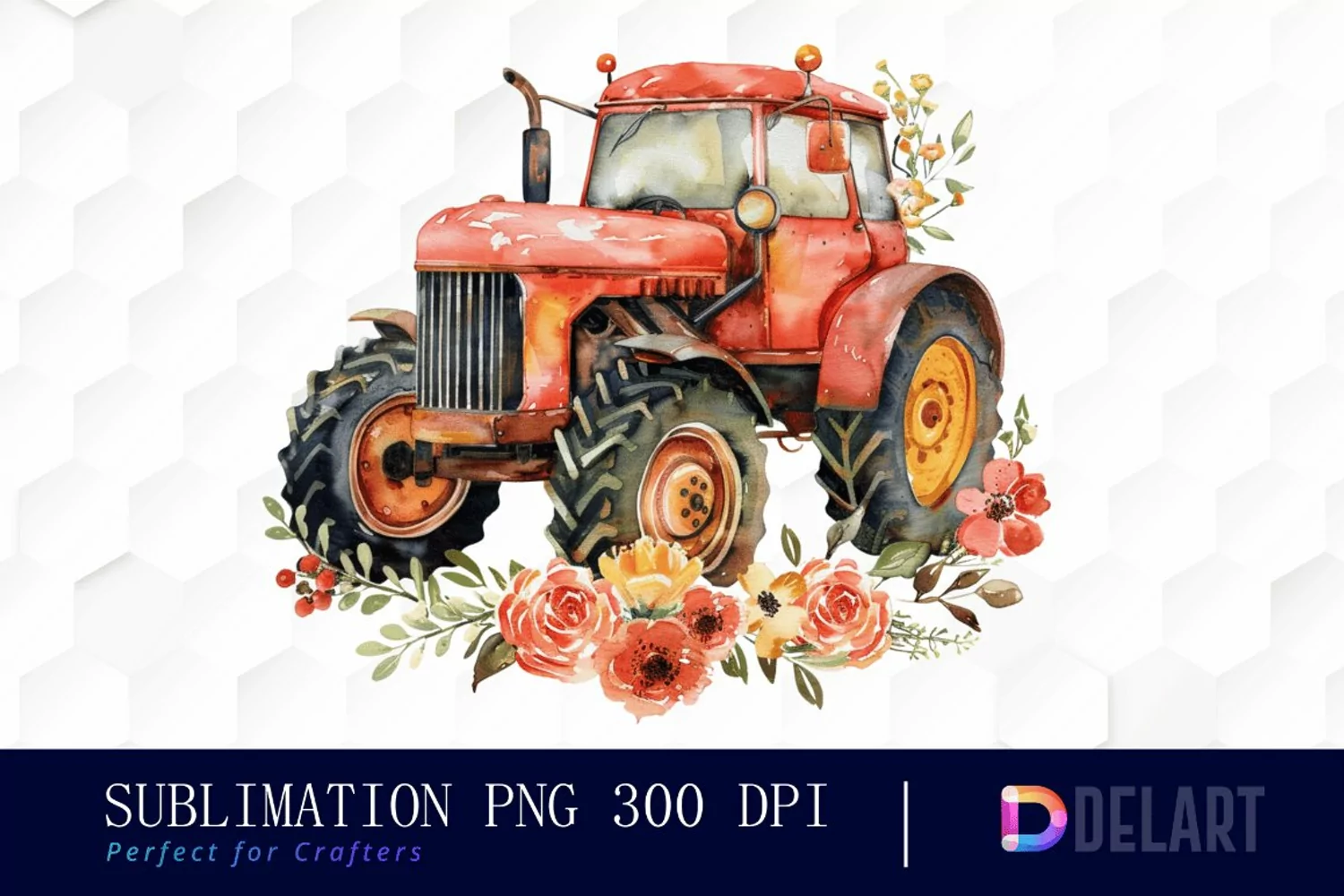 Farm Tractor Floral Watercolor Clipart product image 1