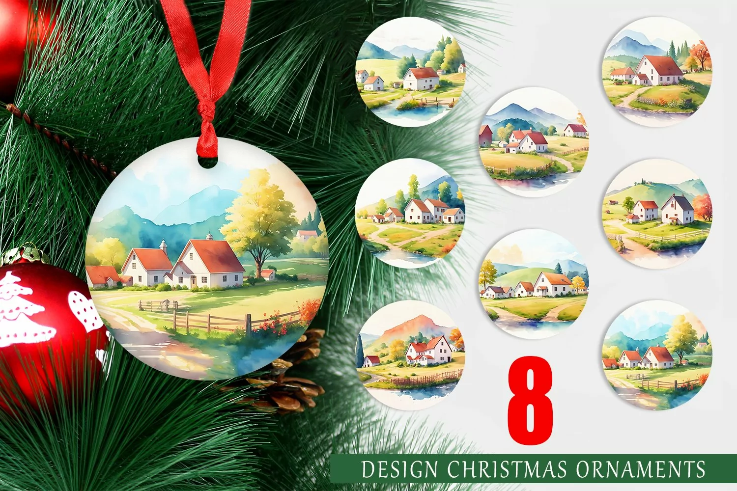 Christmas Ornaments Watercolor Farmhouses Landscape product image 1