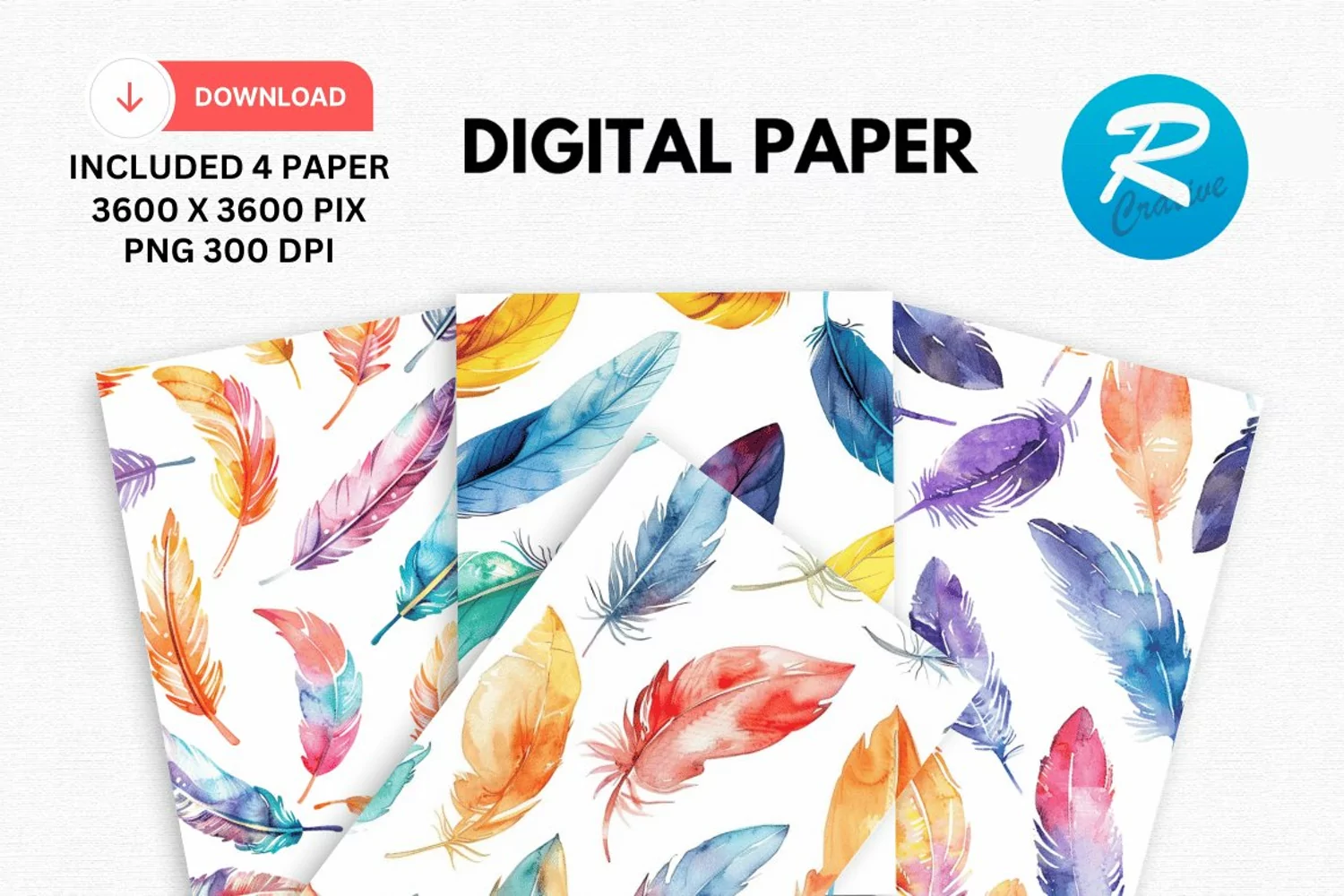 Watercolor Feathers Digital Paper, Feathers Background product image 1