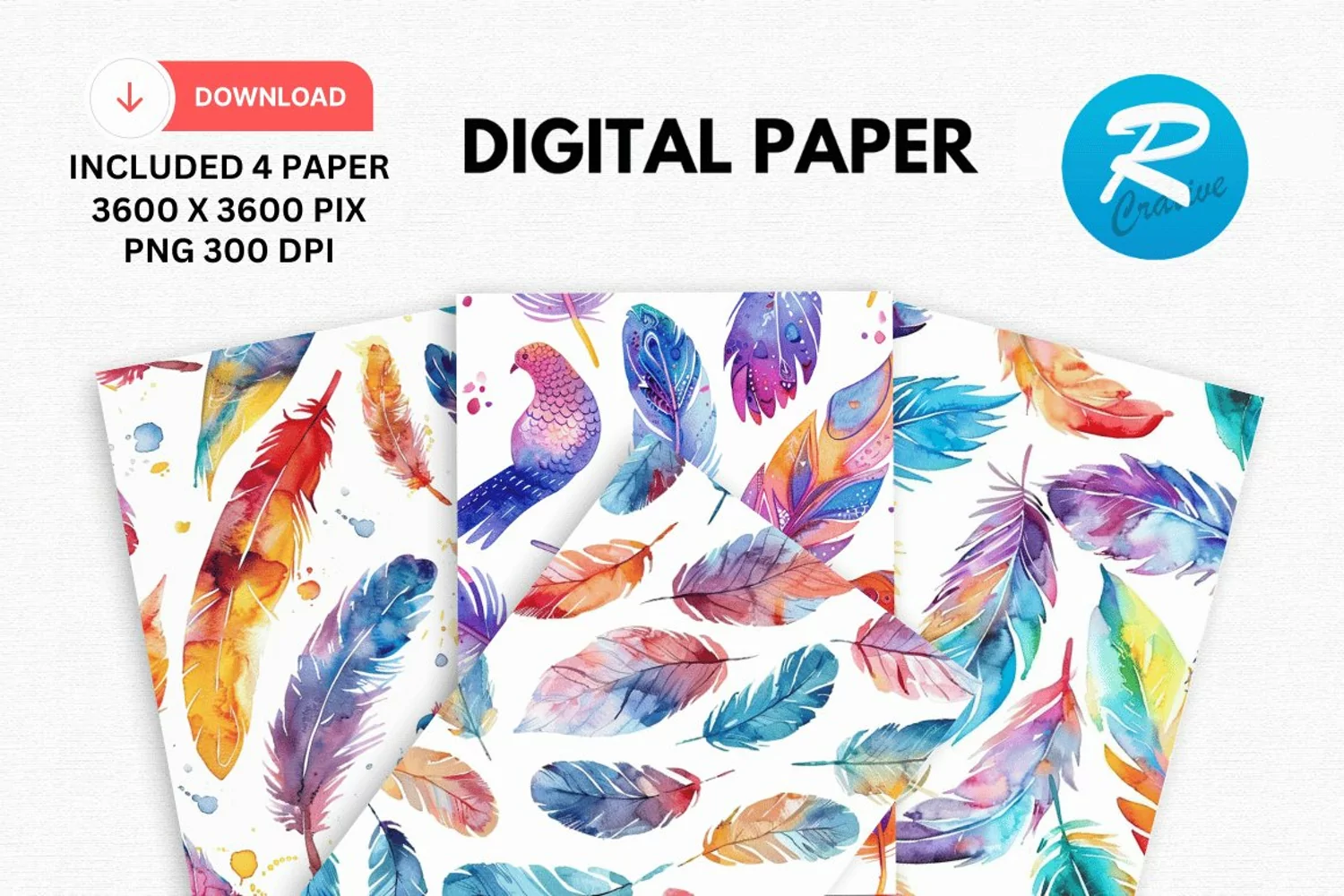 Watercolor Feathers Digital Paper, Feathers Background product image 1