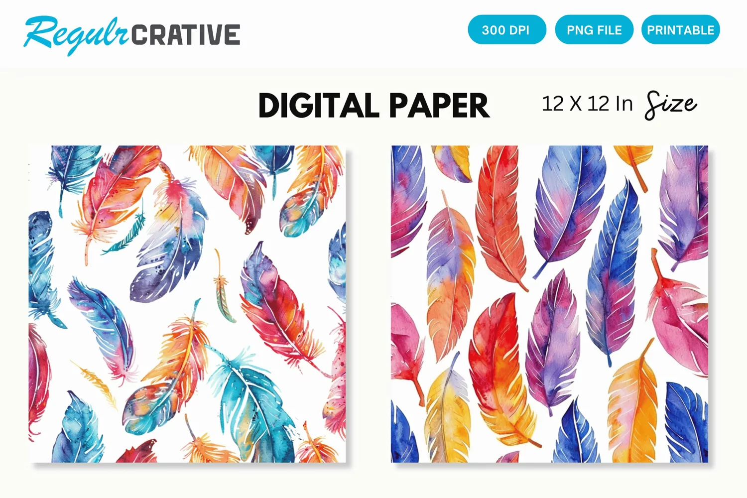 Watercolor Feathers Seamless Digital Paper, Feathers PNG product image 1