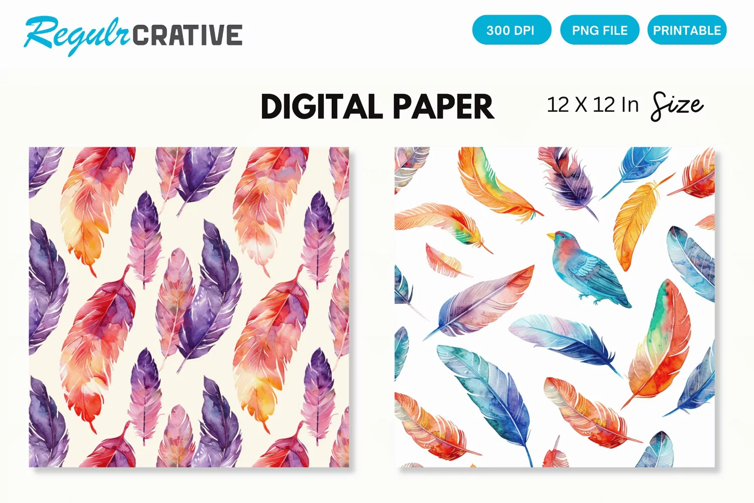 Watercolor Feathers Seamless Digital Paper, Feathers PNG product image 1