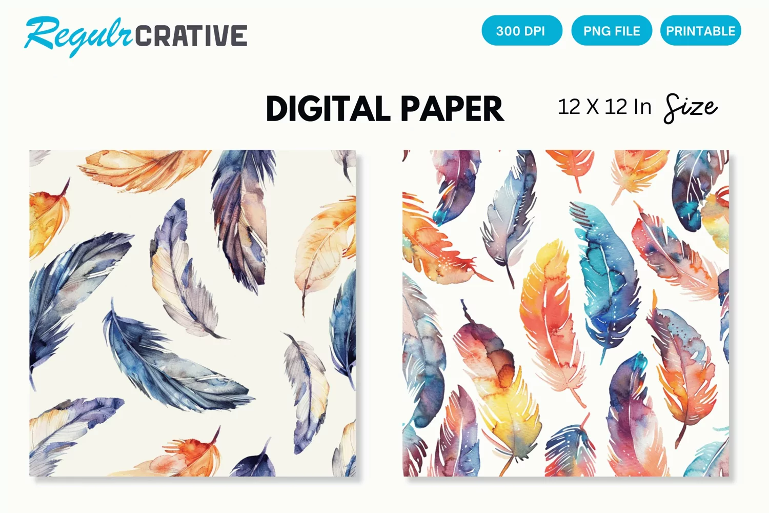 Watercolor Feathers Seamless Digital Paper, Feathers PNG product image 1