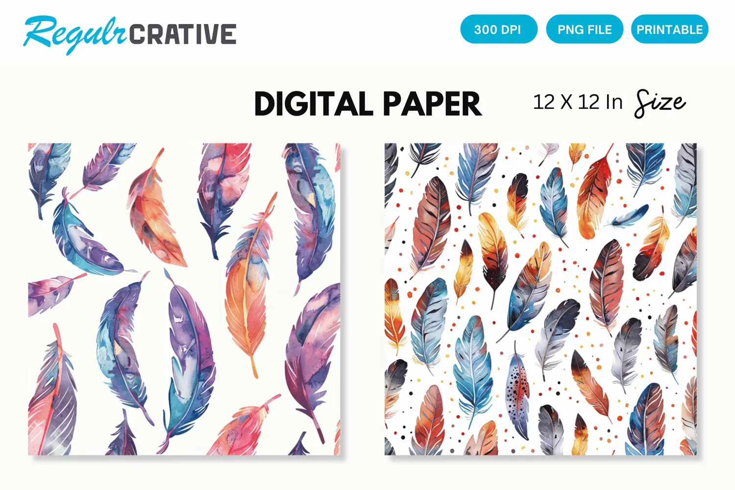 Watercolor Feathers Seamless Digital Paper, Feathers PNG product image 1