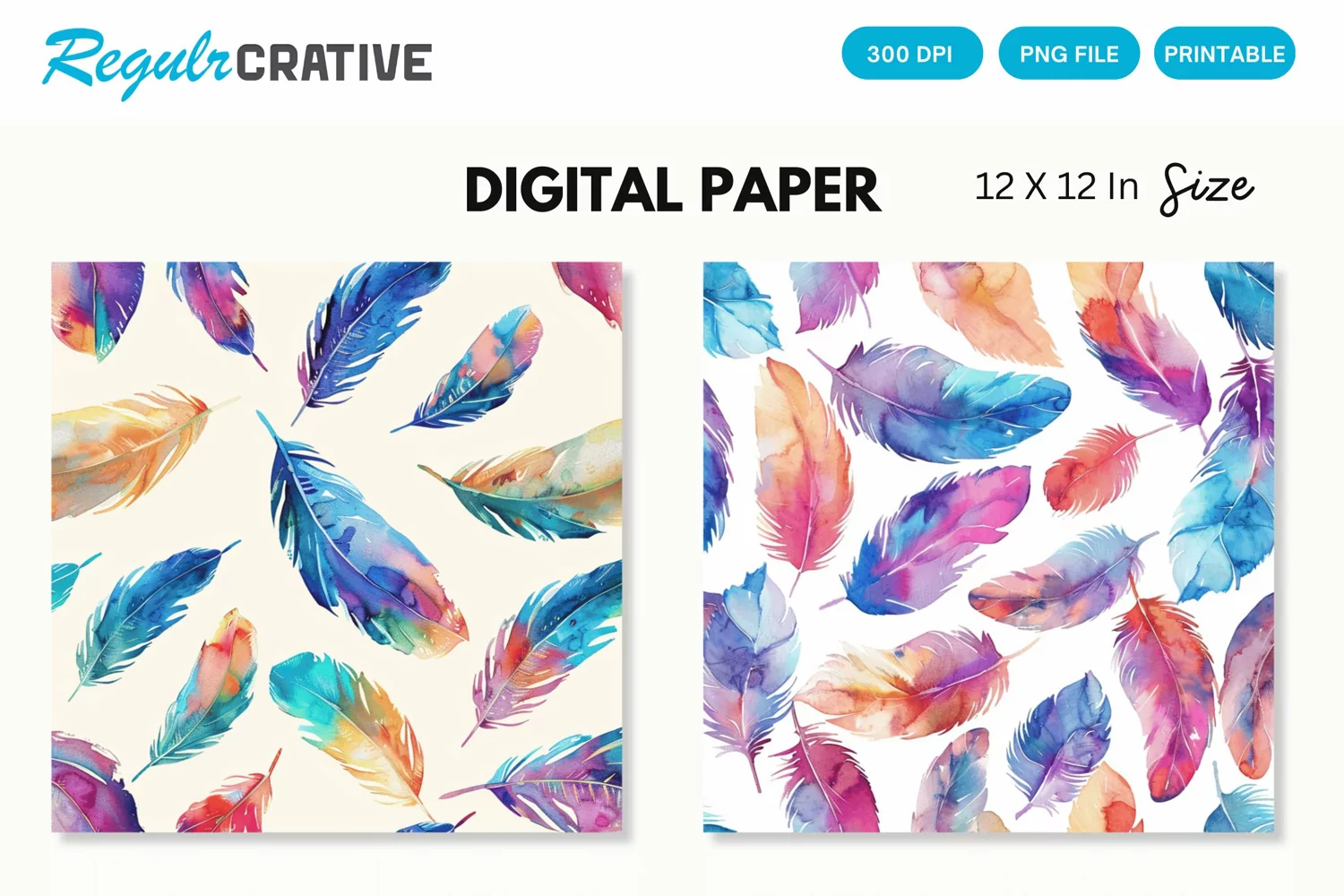 Watercolor Feathers Seamless Digital Paper, Feathers PNG product image 1