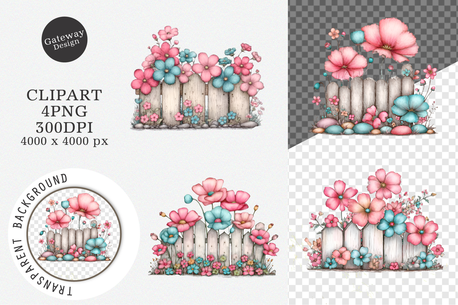 Watercolor Fence Flowers Clipart product image 1