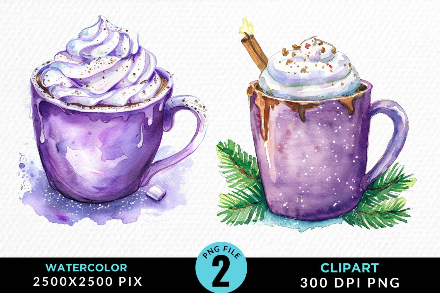 Watercolor Festive Purple Hot Cocoa Cup Clipart product image 1