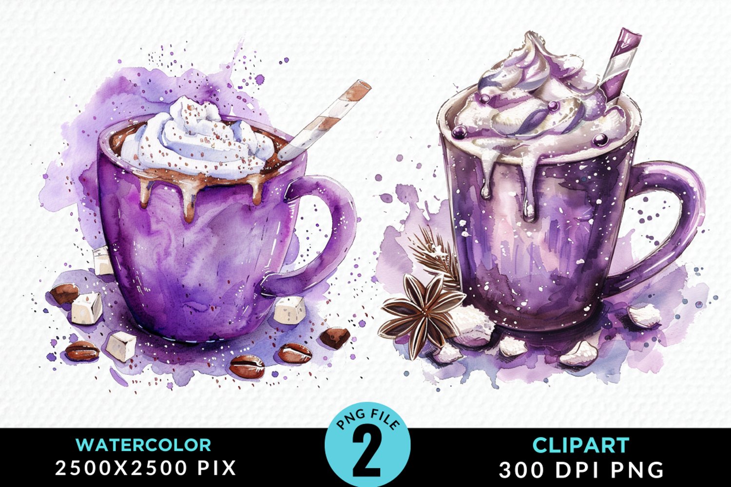 Watercolor Festive Purple Hot Cocoa Cup Clipart product image 1