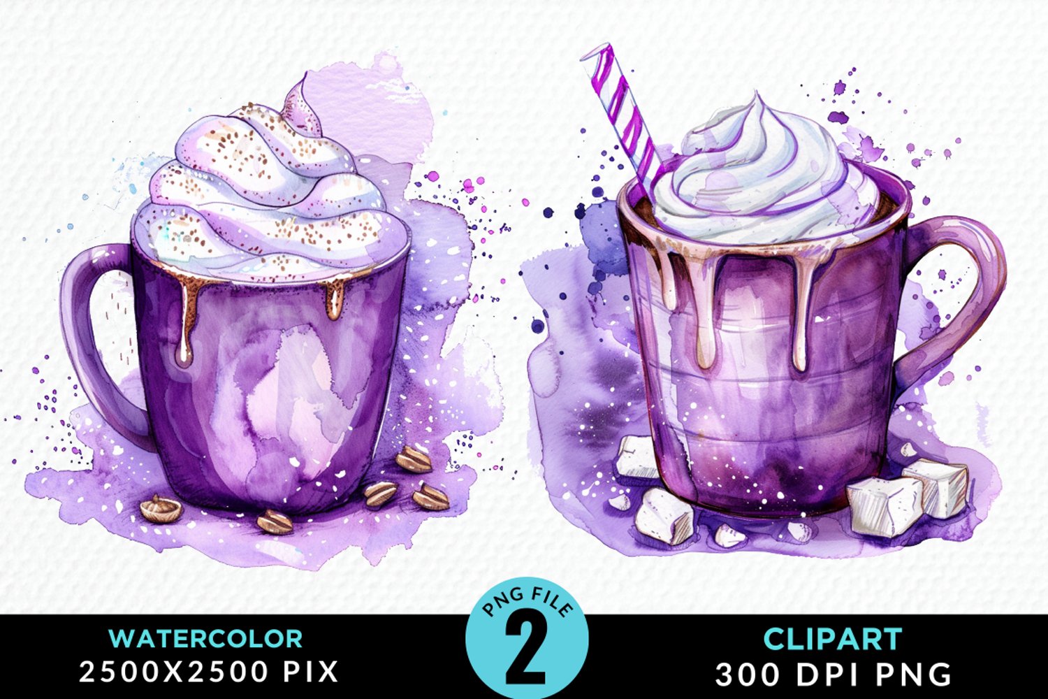 Watercolor Festive Purple Hot Cocoa Cup Clipart product image 1