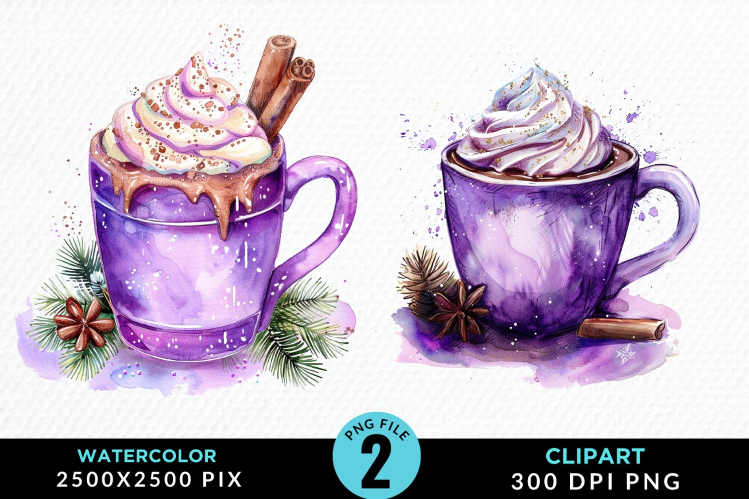 Watercolor Festive Purple Hot Cocoa Cup Clipart product image 1