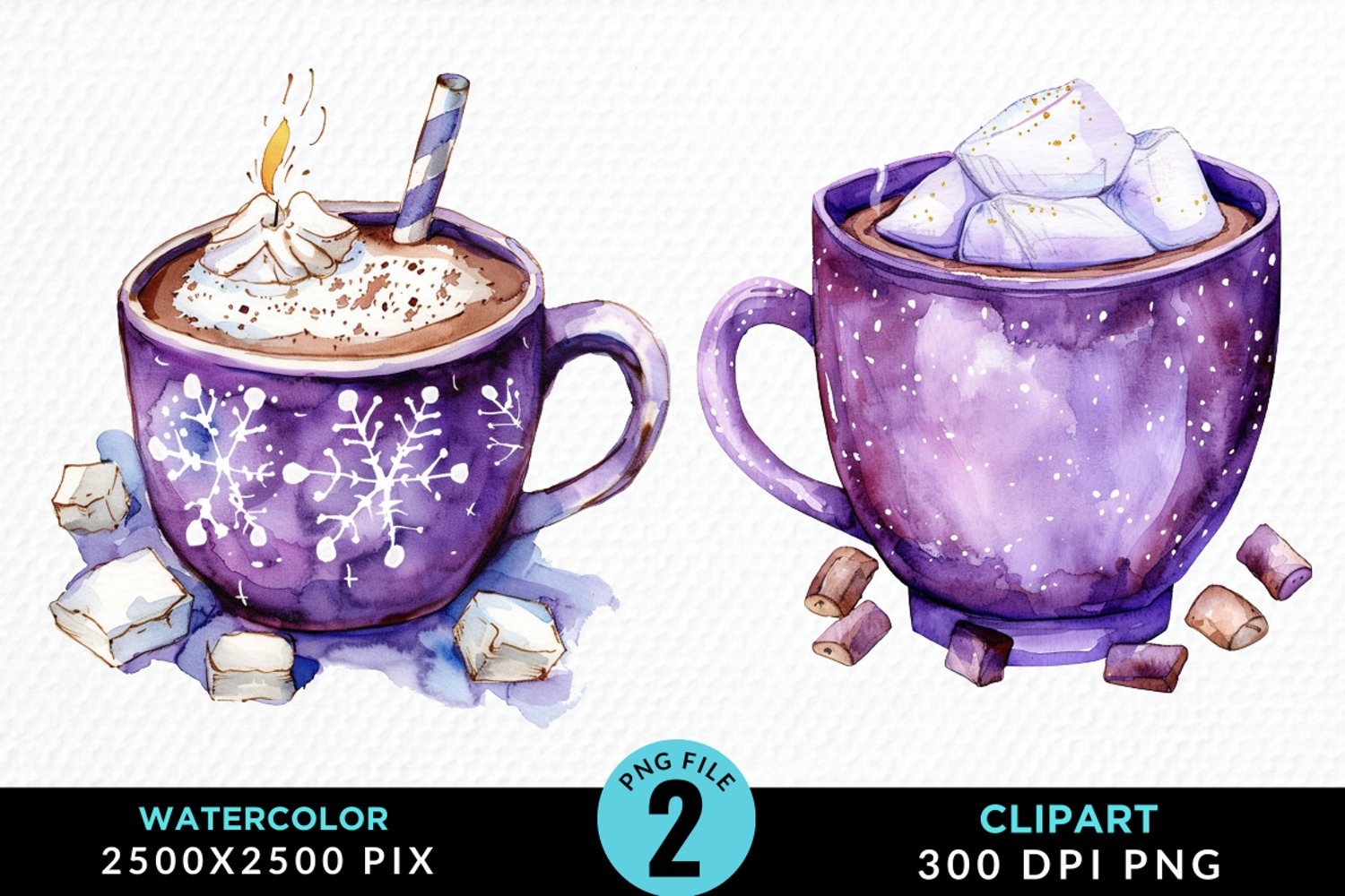 Watercolor Festive Purple Hot Cocoa Cup Clipart product image 1