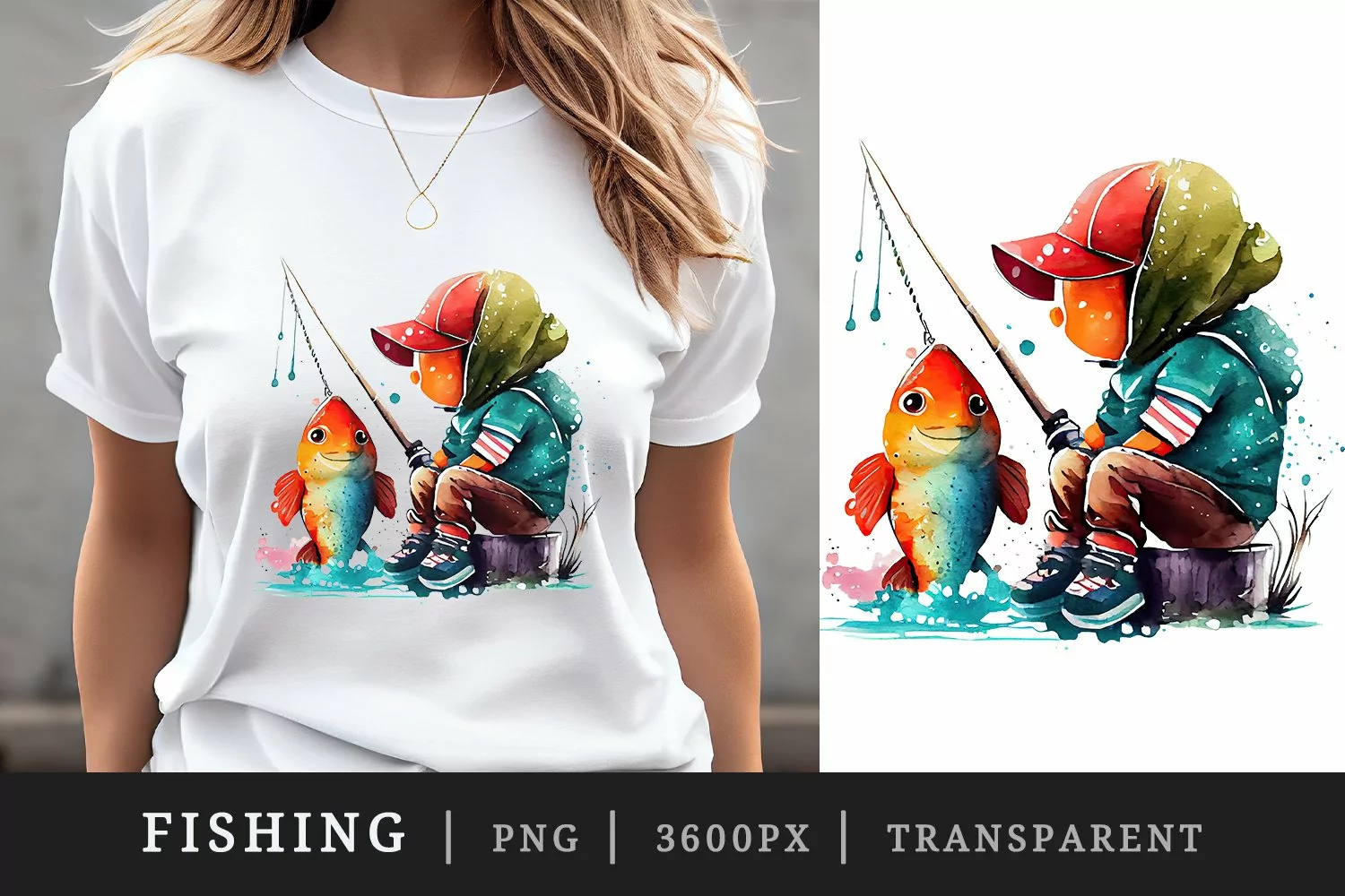 Watercolor cute fishing t-shirt sublimation print design png product image 1