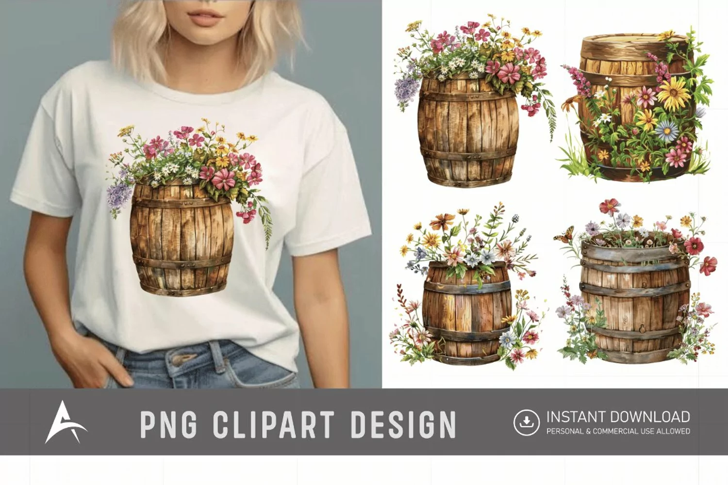 Watercolor Floral Barrel Clipart product image 1