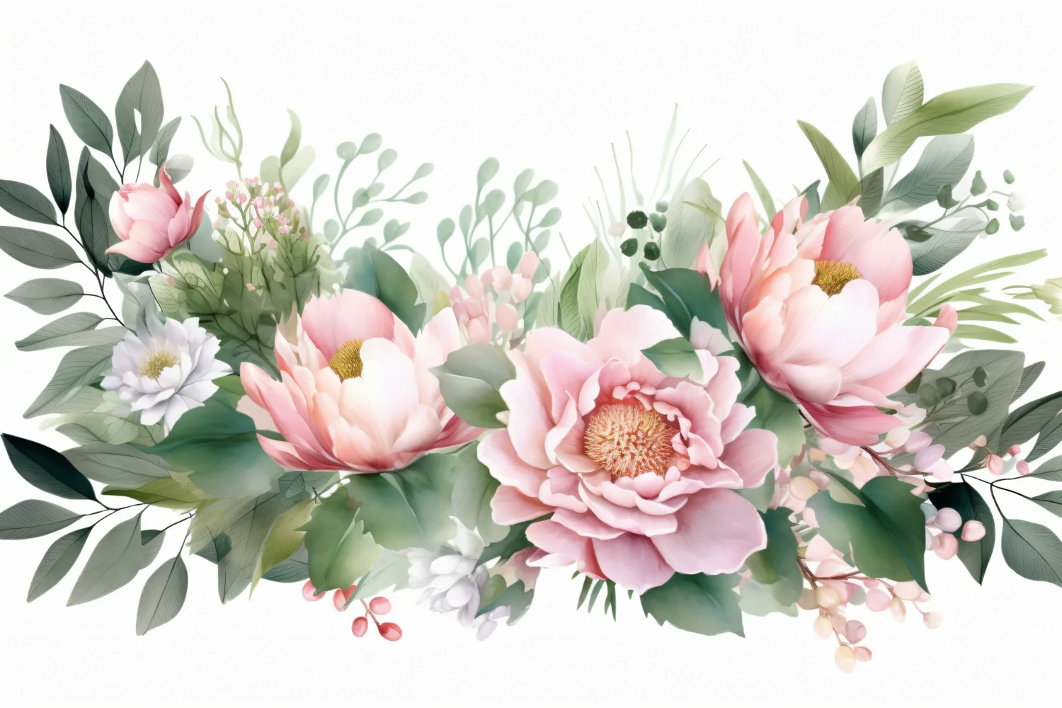 Watercolor floral border wreath with green leaves background product image 1
