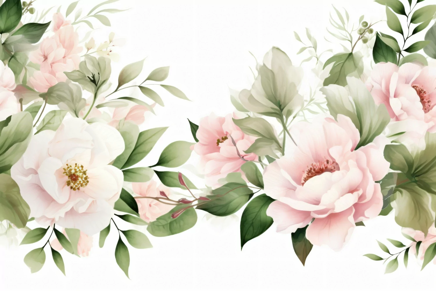Watercolor floral border wreath with green leaves background product image 1