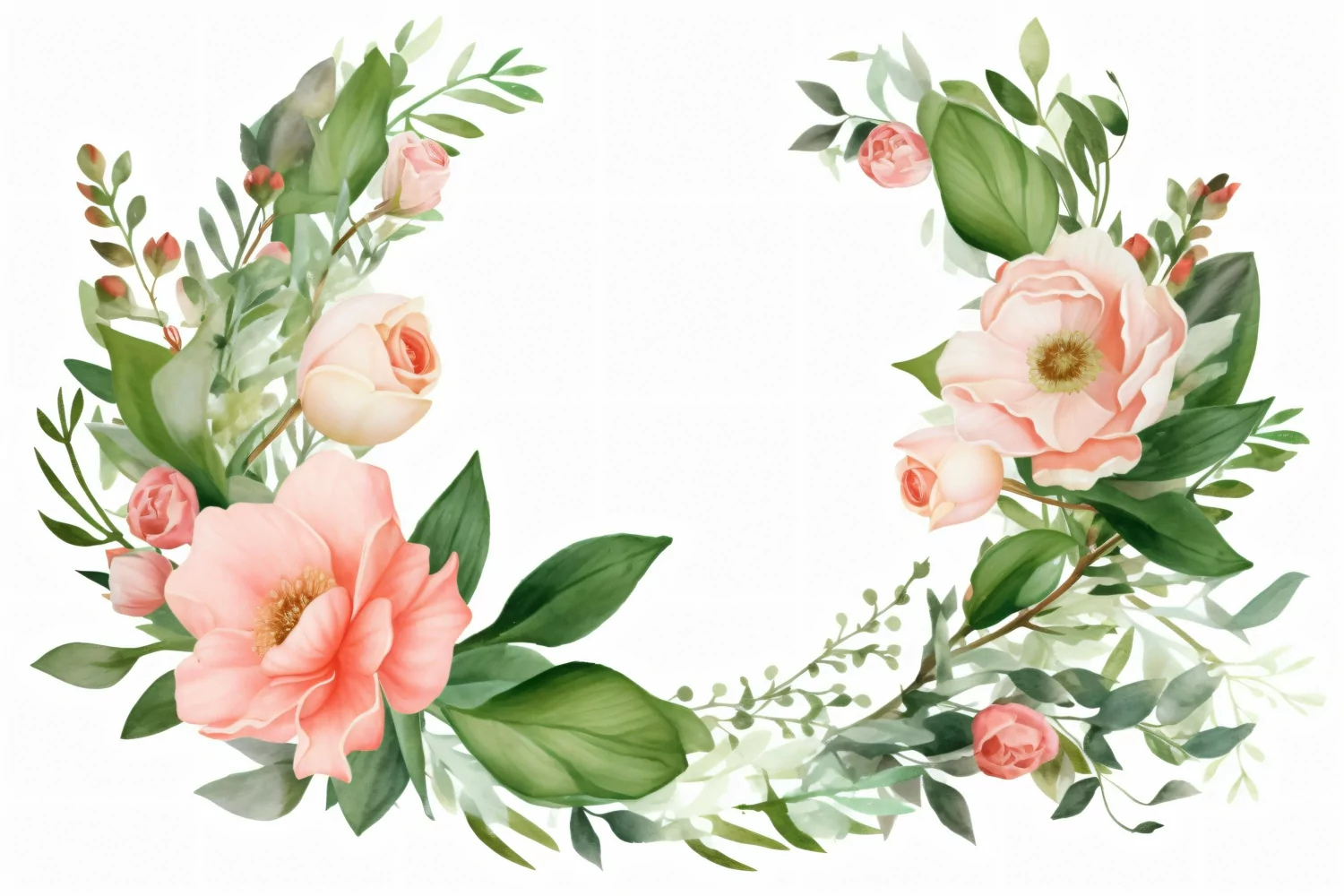 Watercolor floral border wreath with green leaves background product image 1