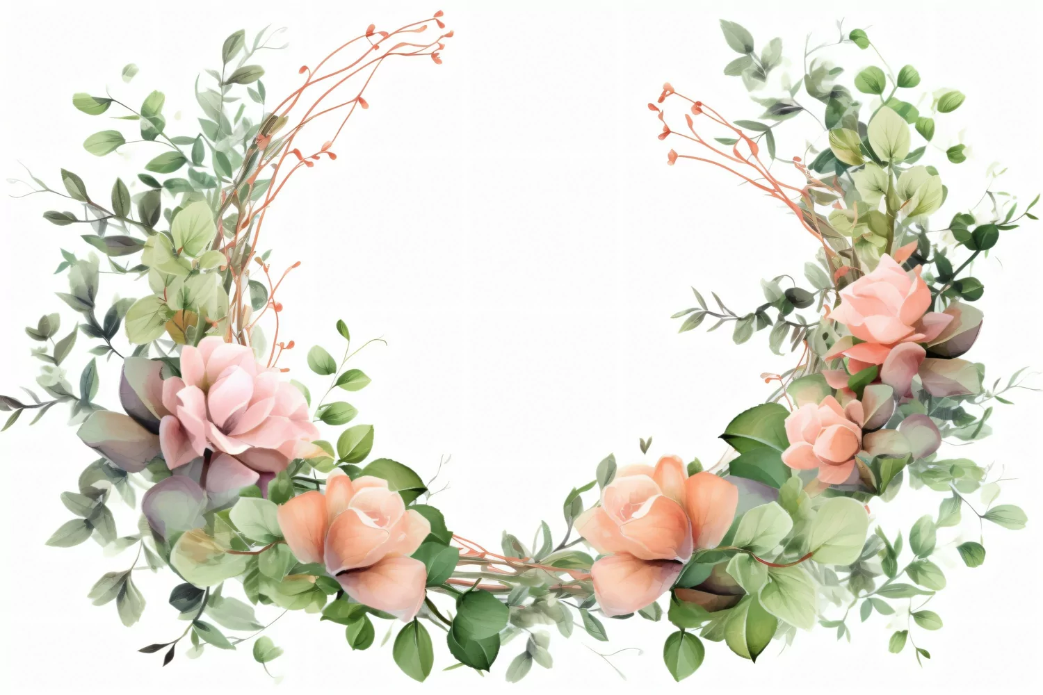 Watercolor floral border wreath with green leaves background product image 1