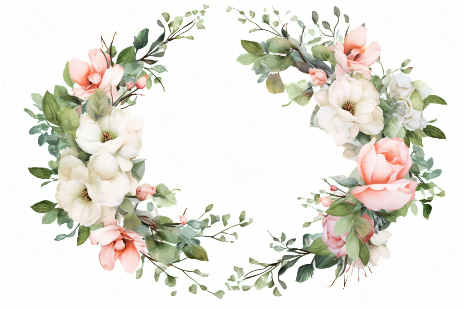 Watercolor floral border wreath with green leaves background product image 1