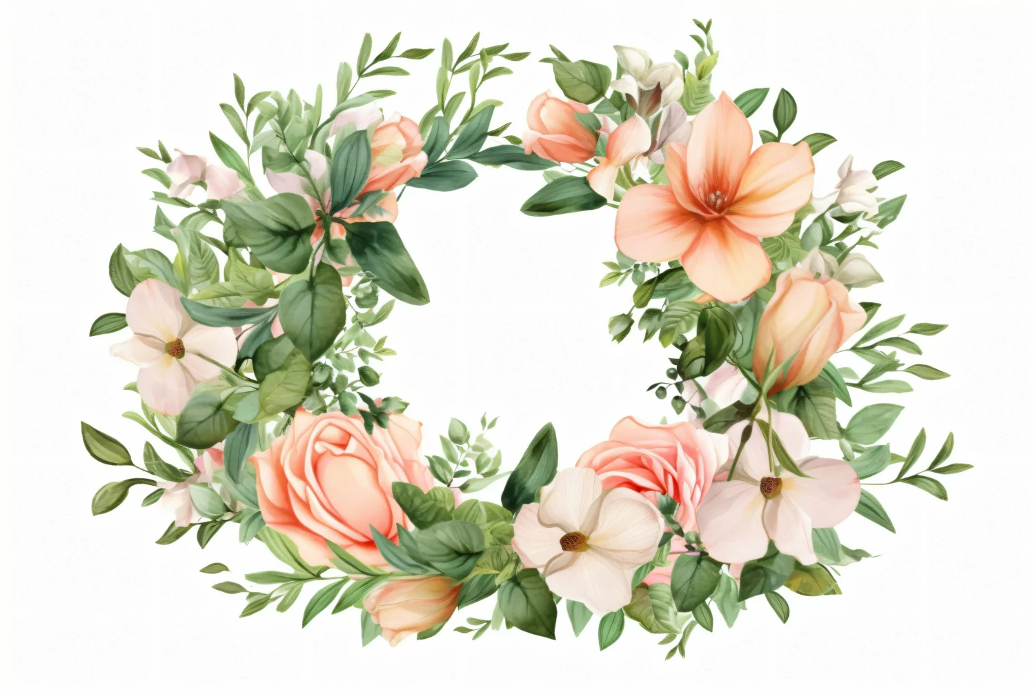 Watercolor floral border wreath with green leaves background product image 1