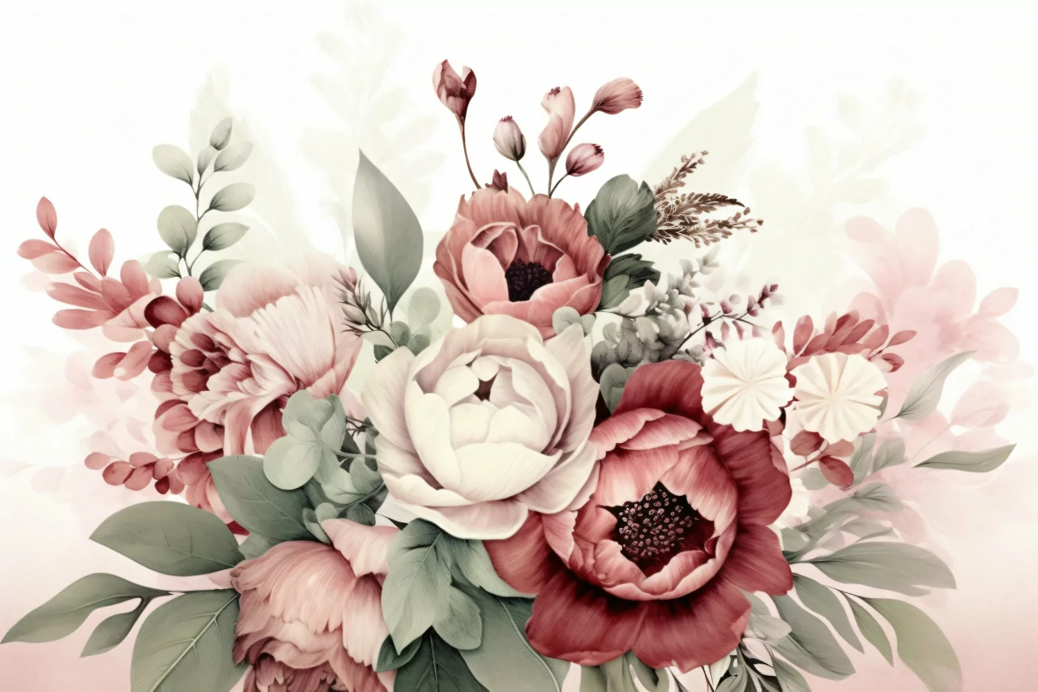 Watercolor floral border wreath with green leaves background product image 1