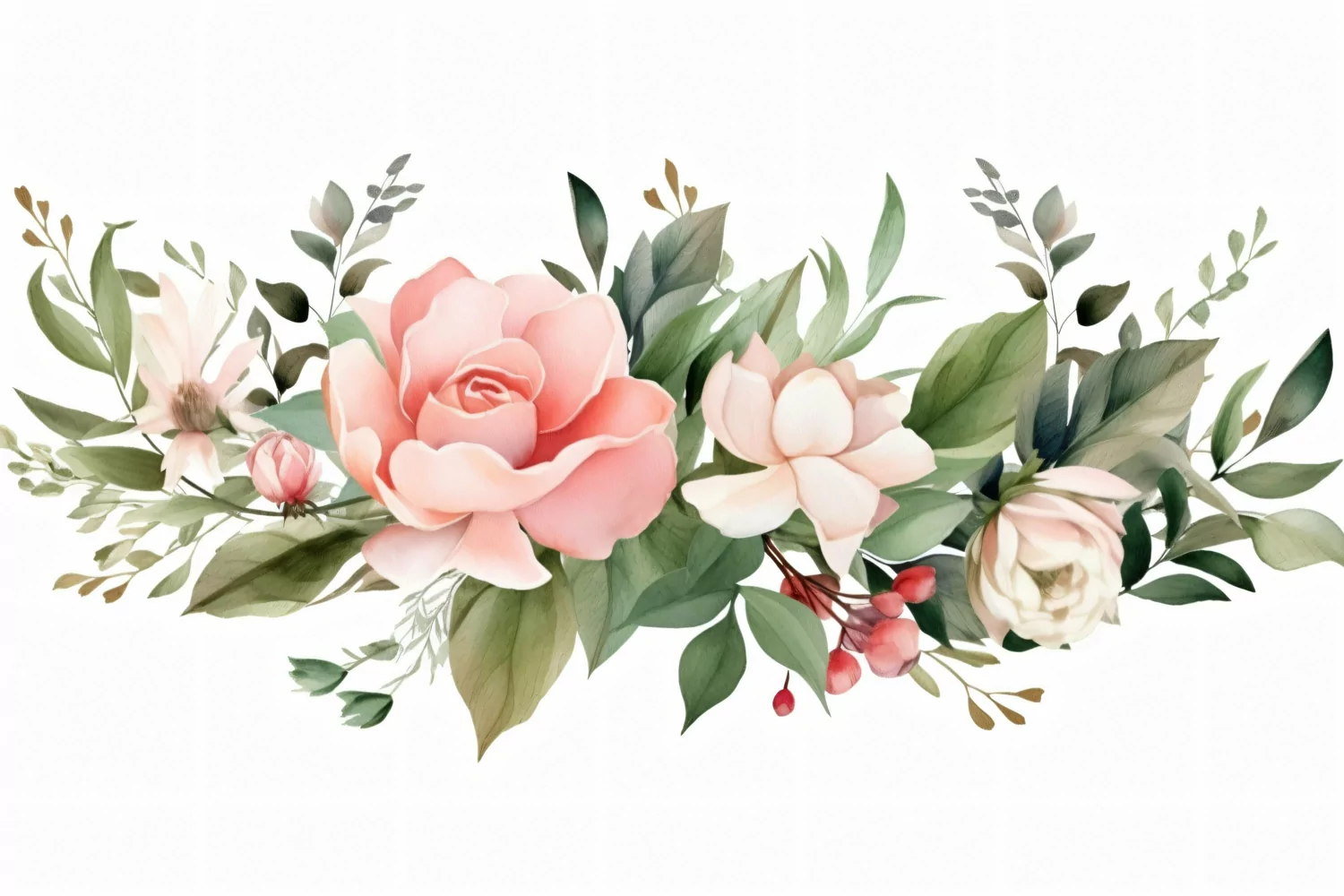 Watercolor floral border wreath with green leaves background product image 1