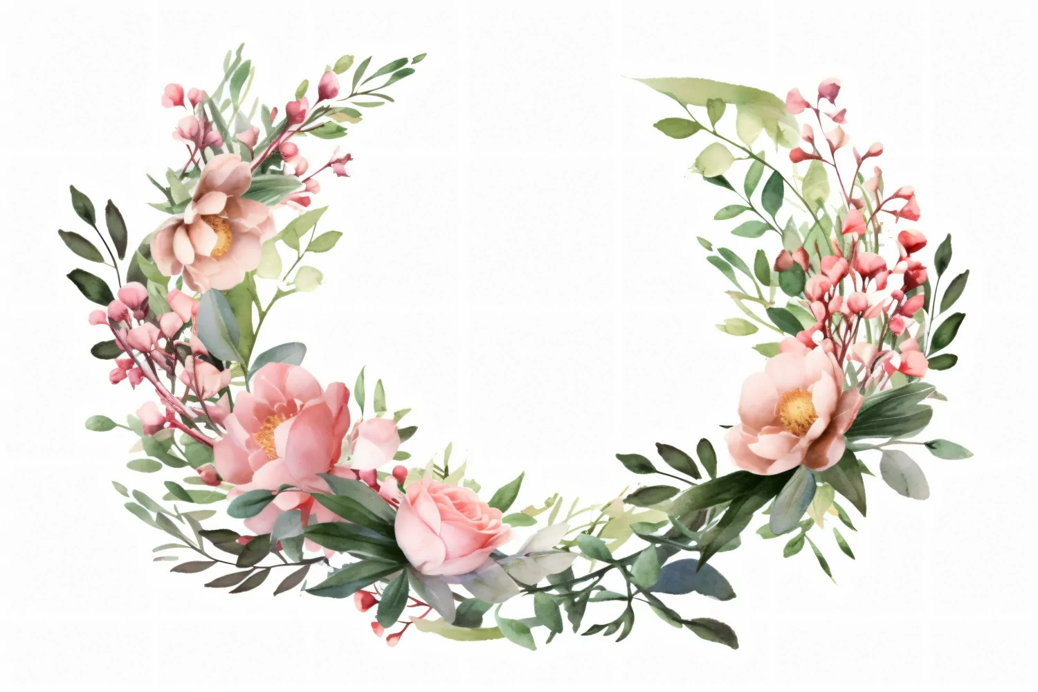 Watercolor floral border wreath with green leaves product image 1