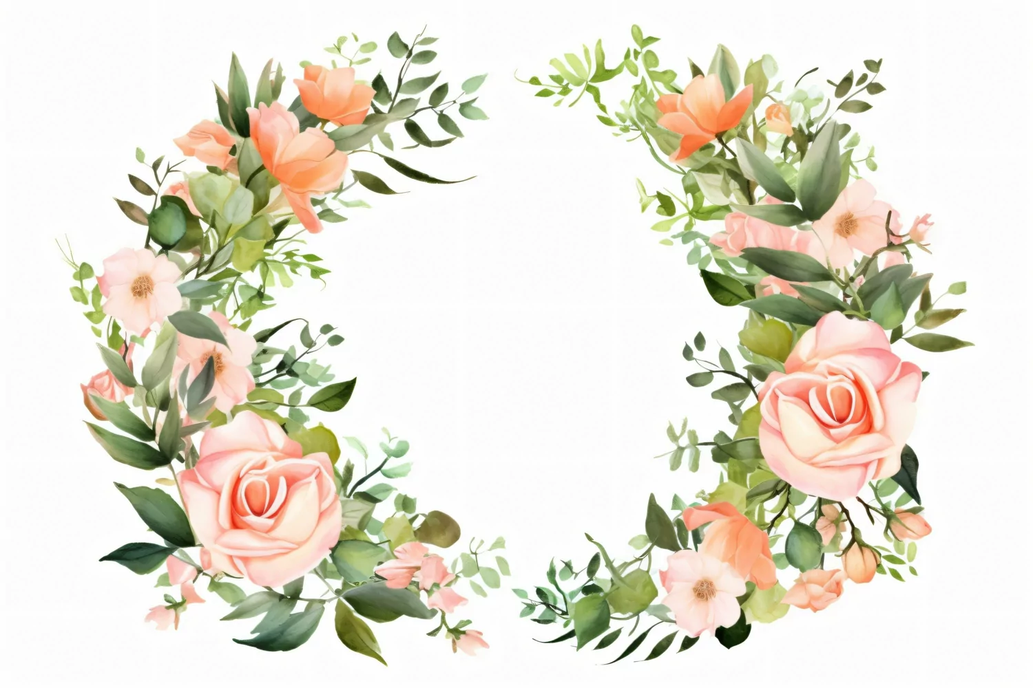 Watercolor floral border wreath with green leaves background product image 1