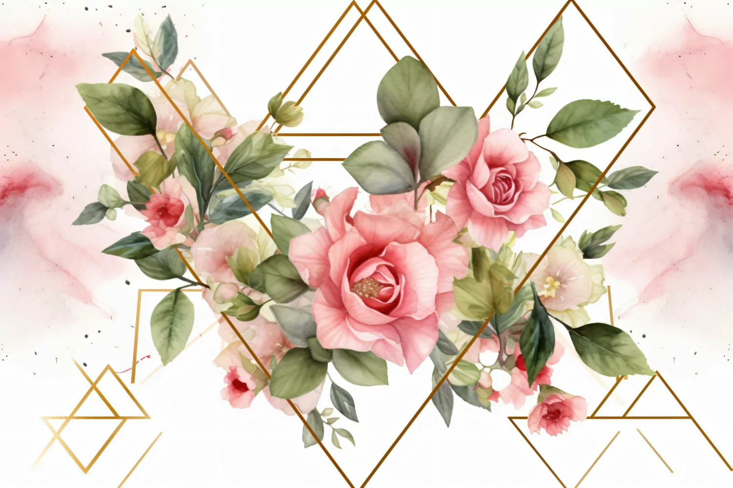 Watercolor Floral Background with golden lines on pink BG product image 1