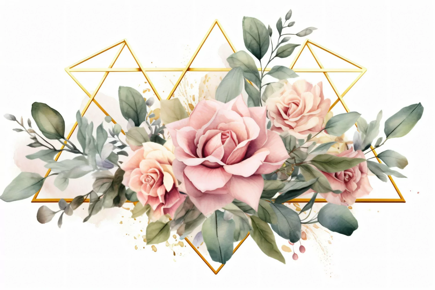 Watercolor Floral Background with golden lines on White BG product image 1