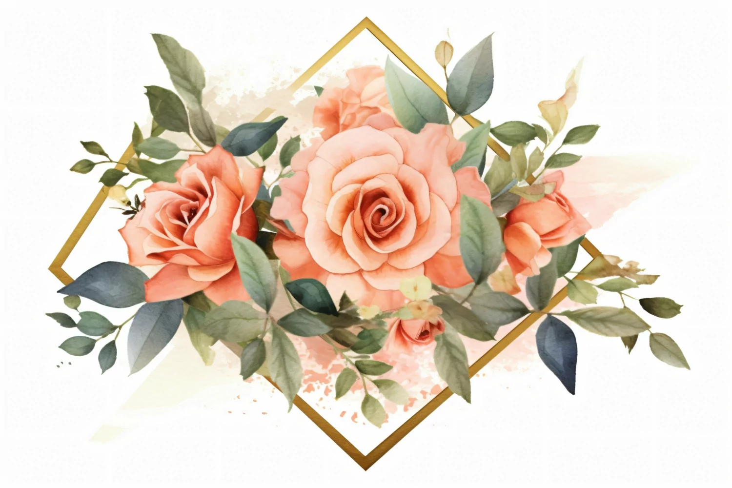 Watercolor Floral Background with golden lines on White BG product image 1