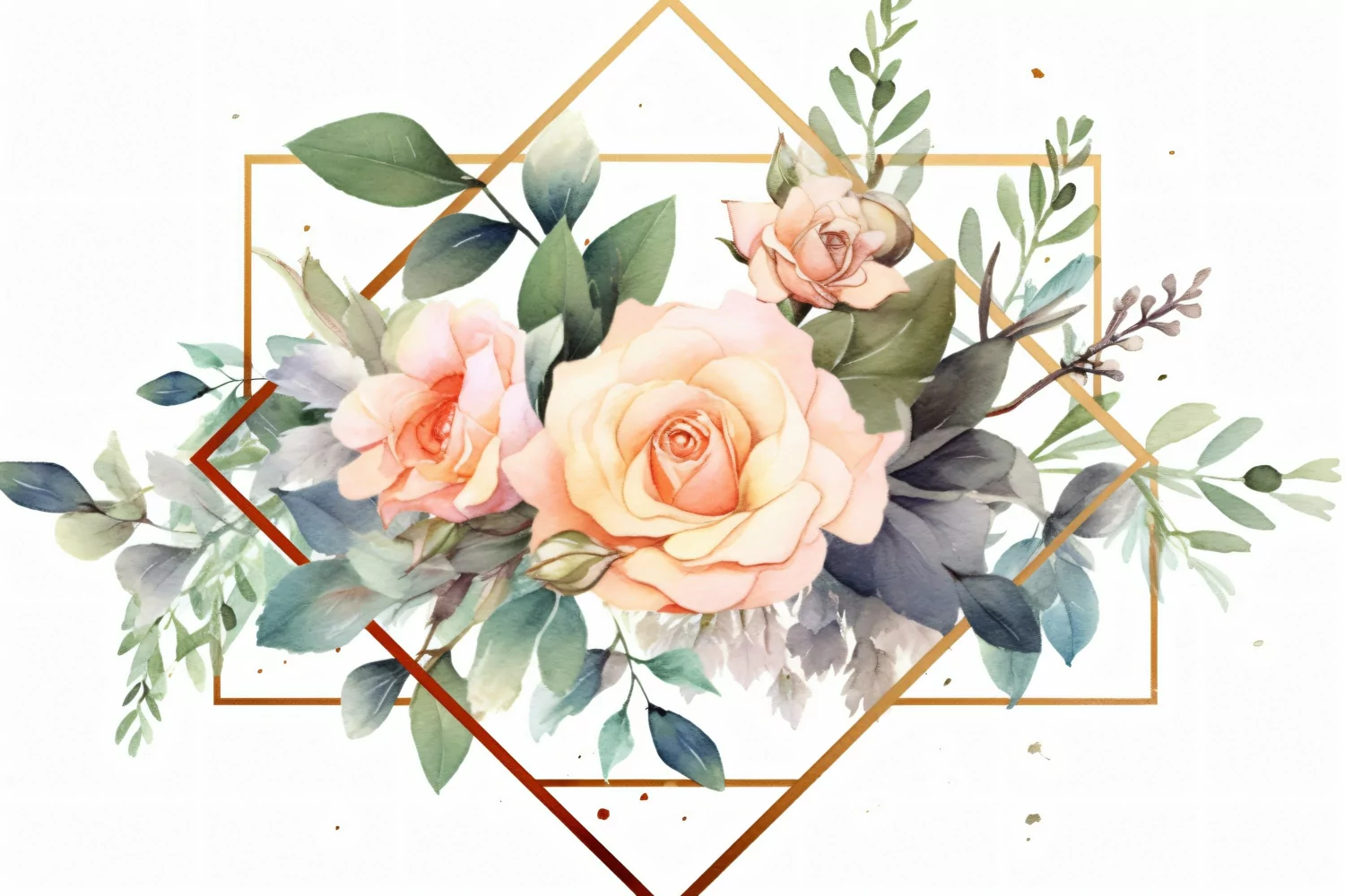 Watercolor Floral Background with golden lines on White BG product image 1