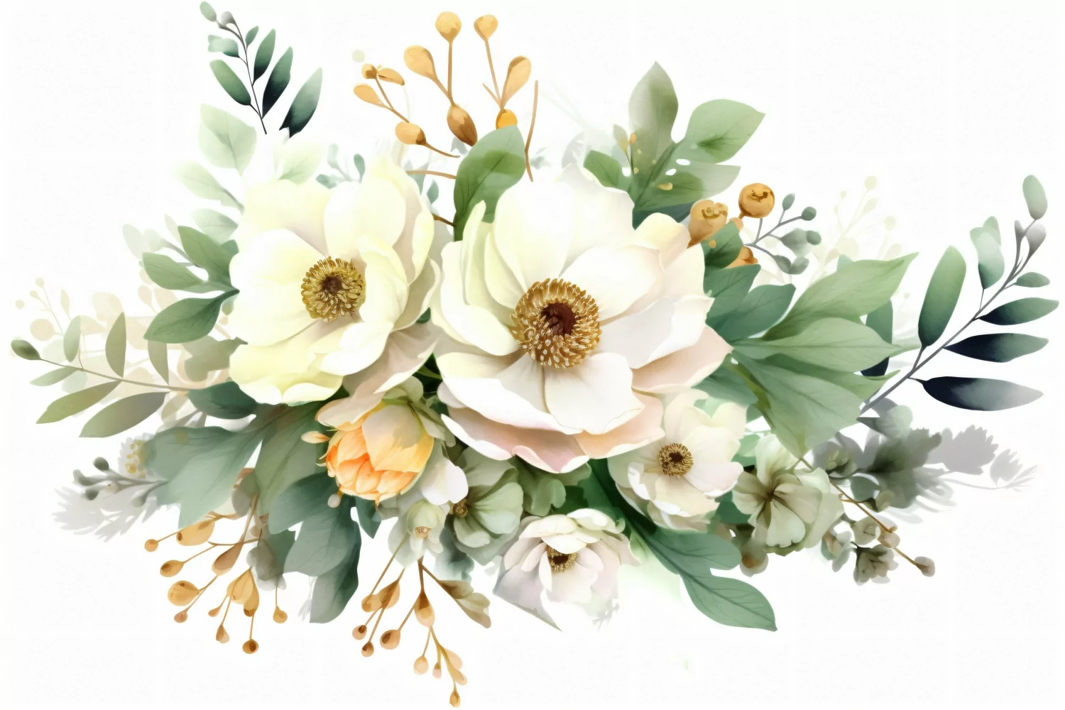 Watercolor Floral Background with Green Leaves on White BG product image 1
