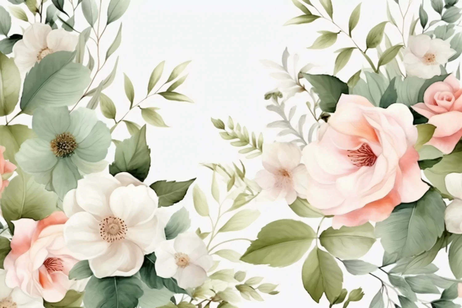 Watercolor Floral Background with Green Leaves on White BG product image 1