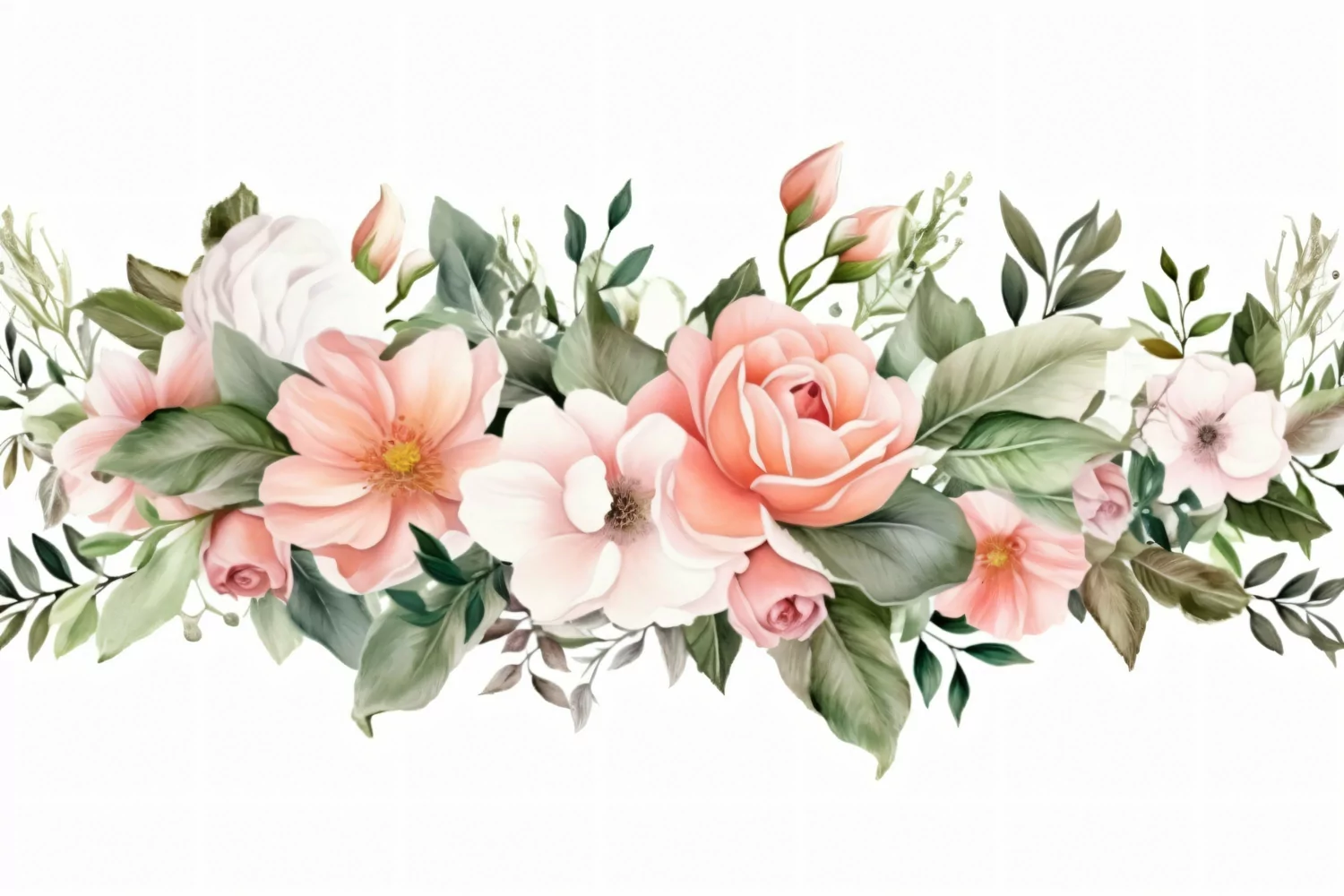 Watercolor Floral Background with Green Leaves on White BG product image 1