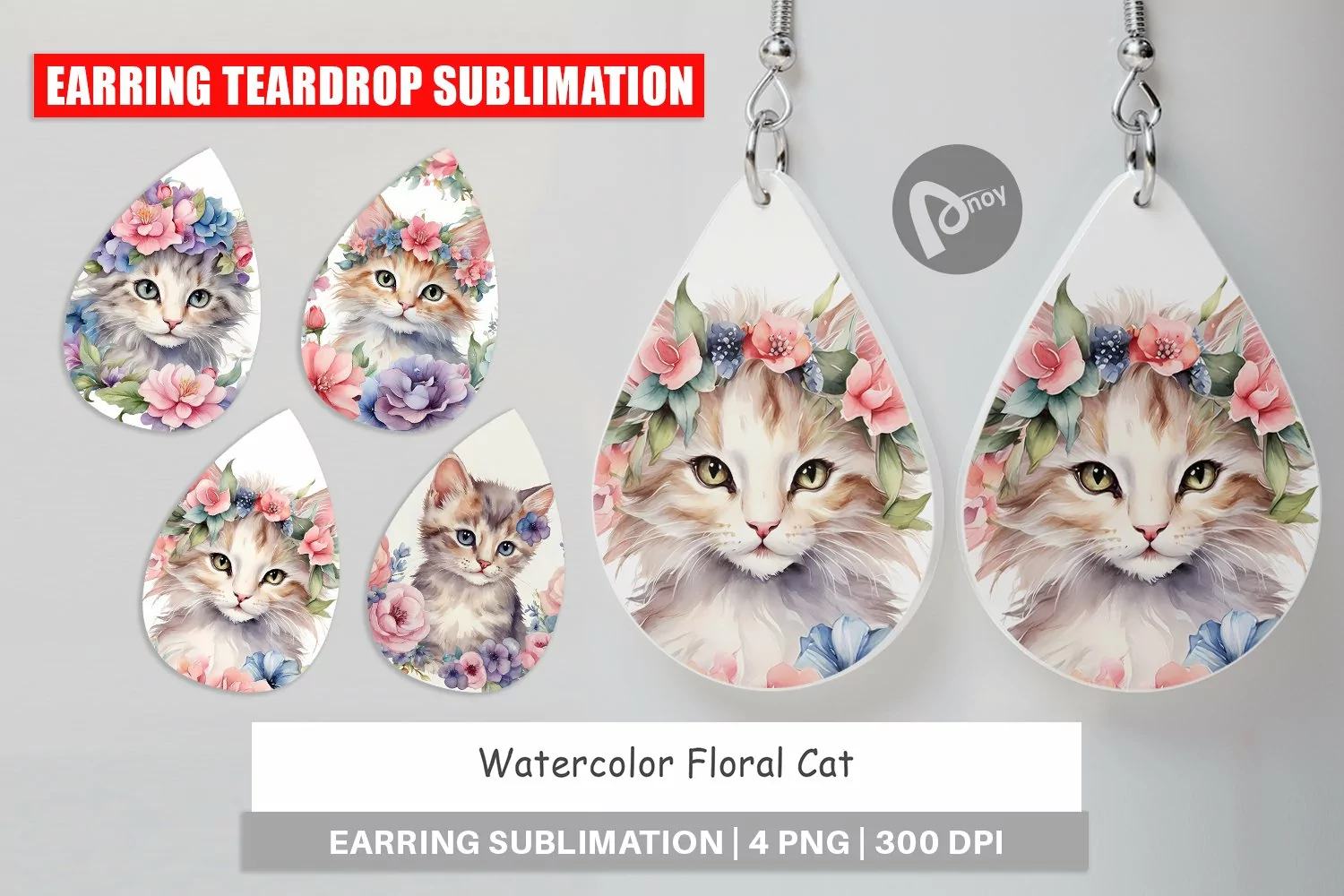 Earring Teardrop Watercolor Floral Cat product image 1