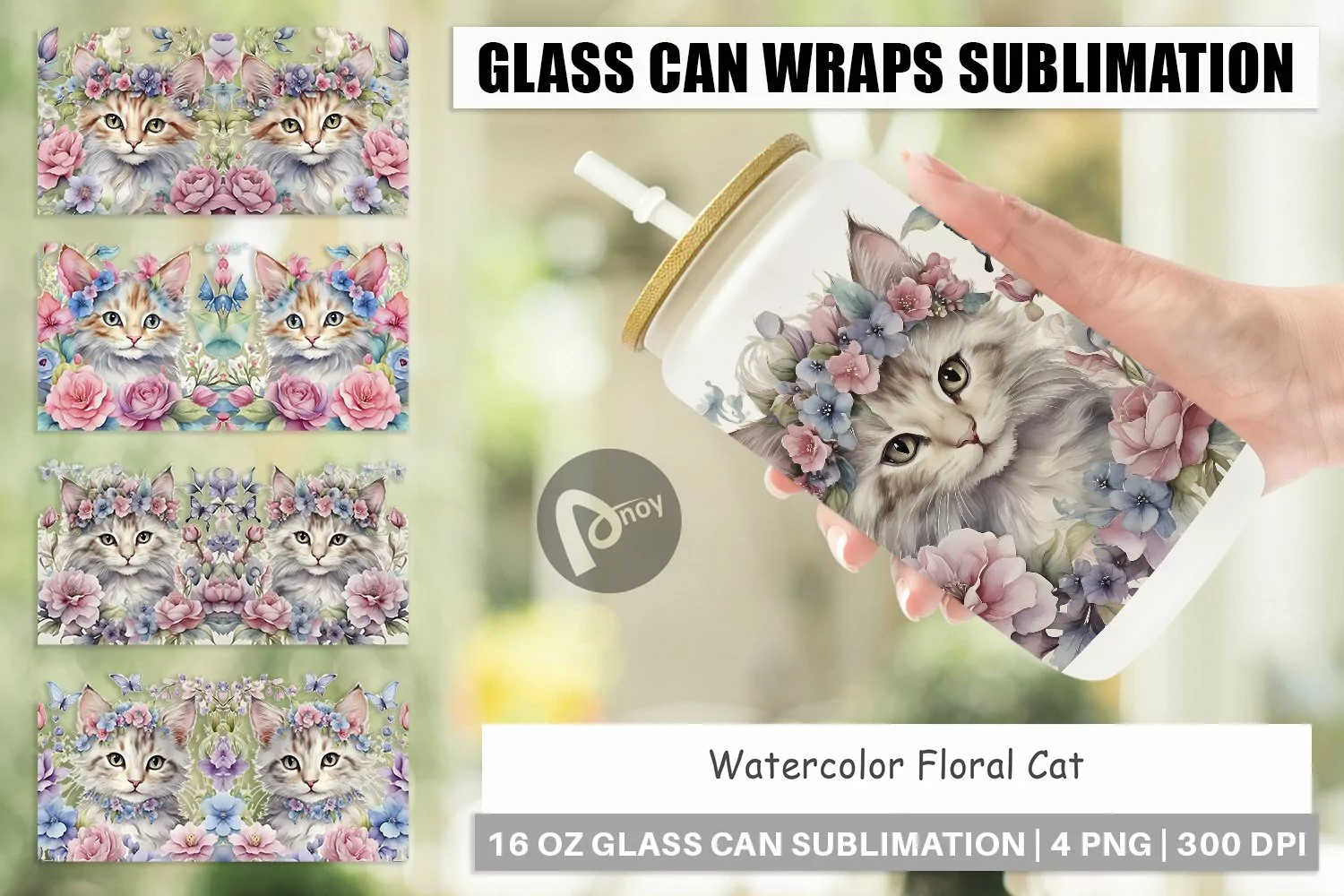Glass Can Wraps Watercolor Floral Cat product image 1
