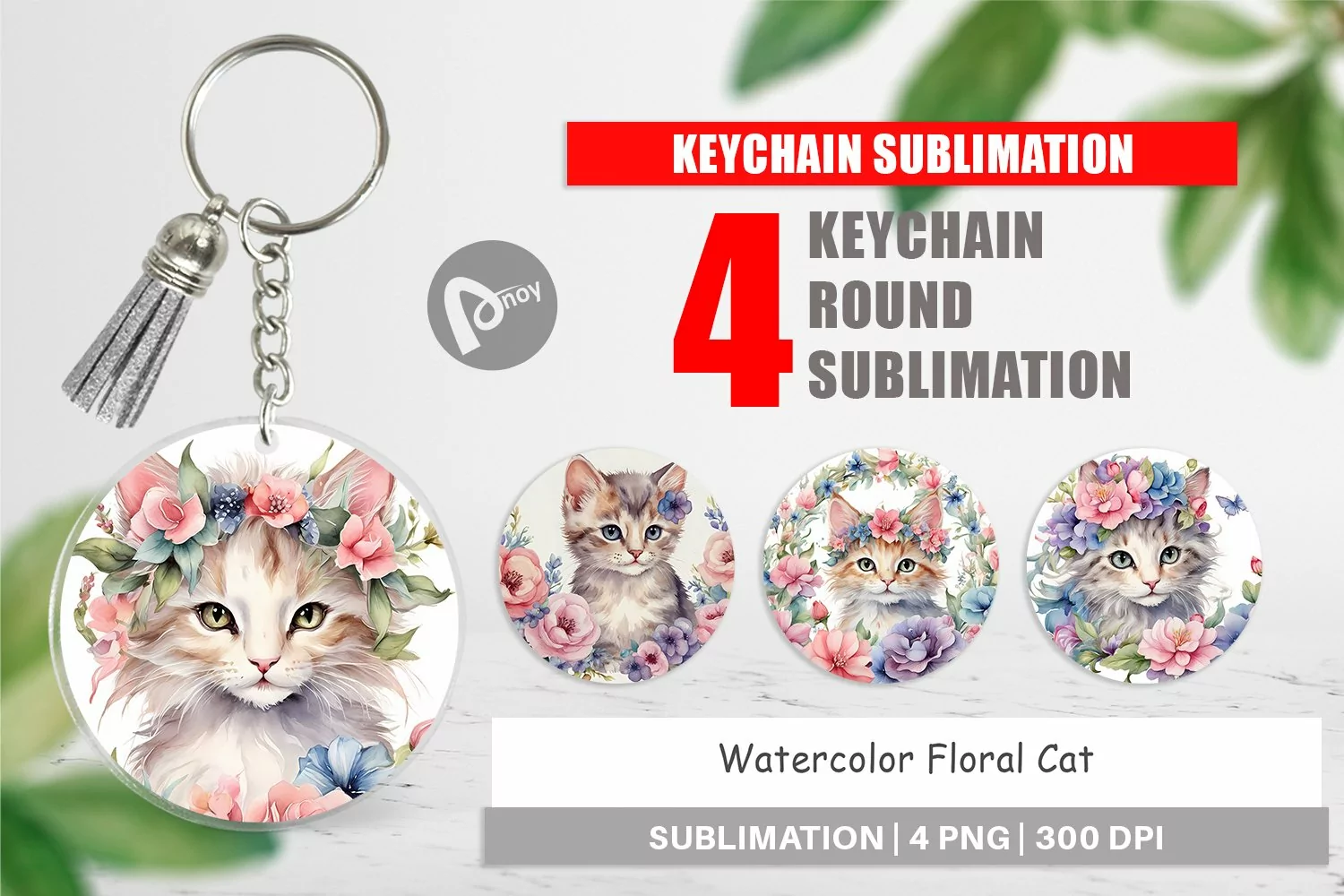 Keychain Watercolor Floral Cat product image 1