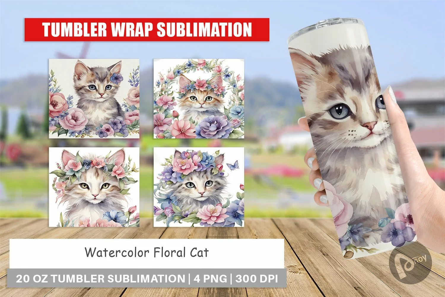 Tumbler Sublimation Watercolor Floral Cat product image 1