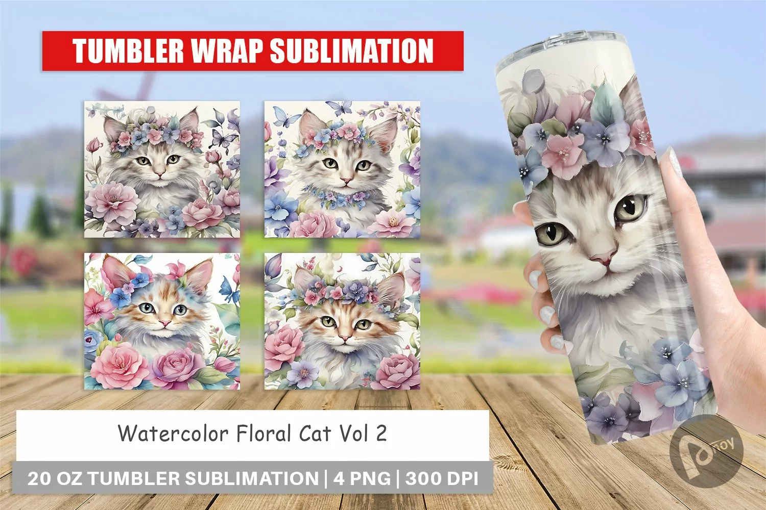 Tumbler Sublimation Watercolor Floral Cat product image 1