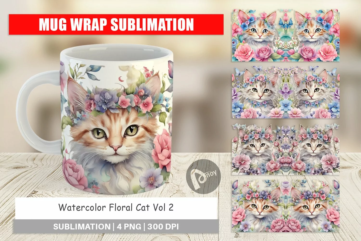 Mug Wrap Design Watercolor Floral Cat product image 1