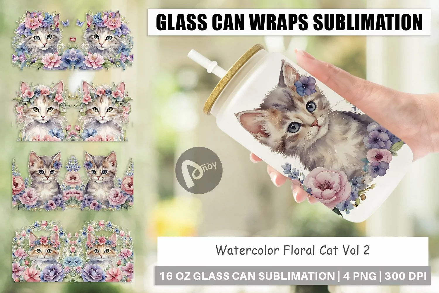Glass Can Wraps Watercolor Floral Cat product image 1