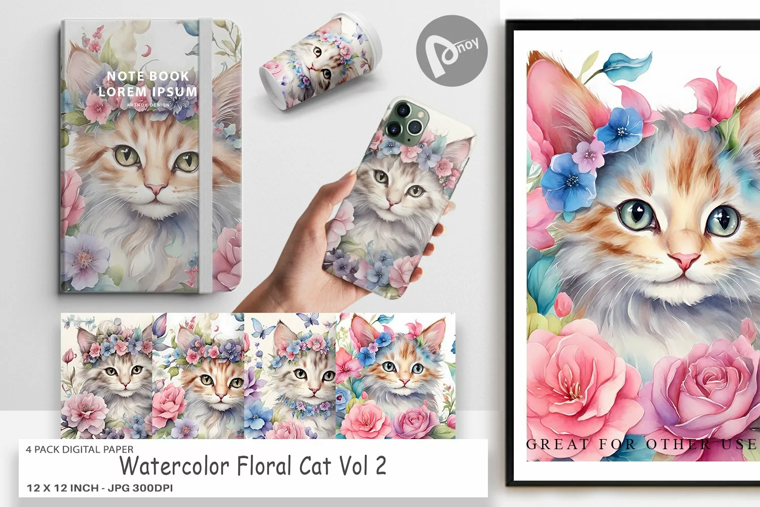 Digital Paper Watercolor Floral Cat product image 1