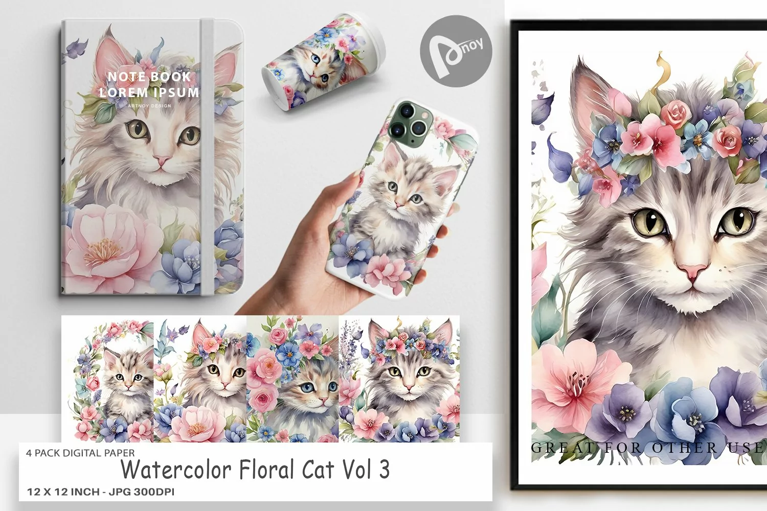 Digital Paper Watercolor Floral Cat product image 1