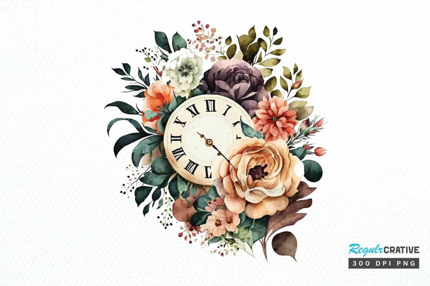 Watercolor Floral Clock PNG Clipart product image 1
