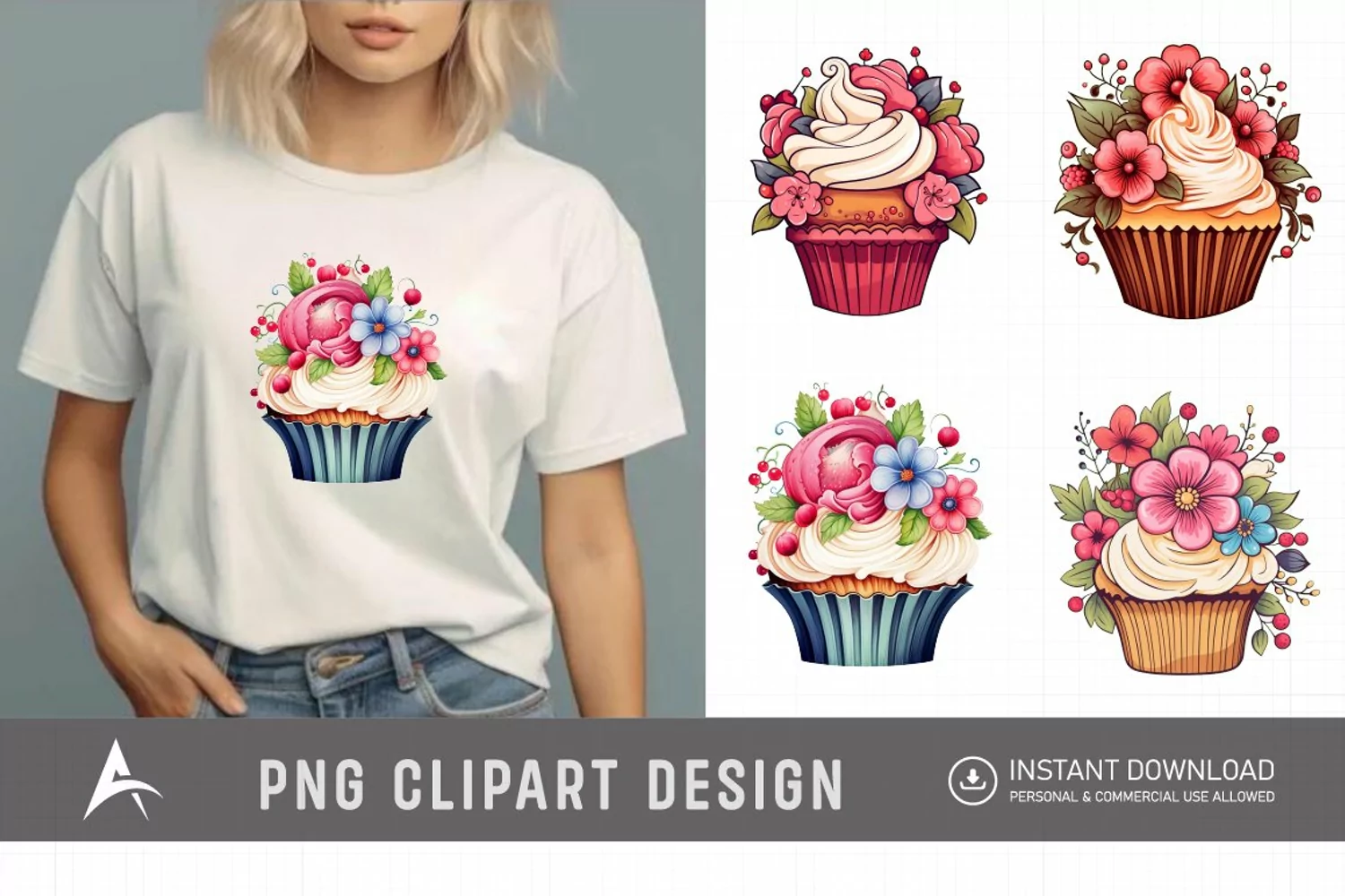 Watercolor Floral Cupcake Clipart product image 1