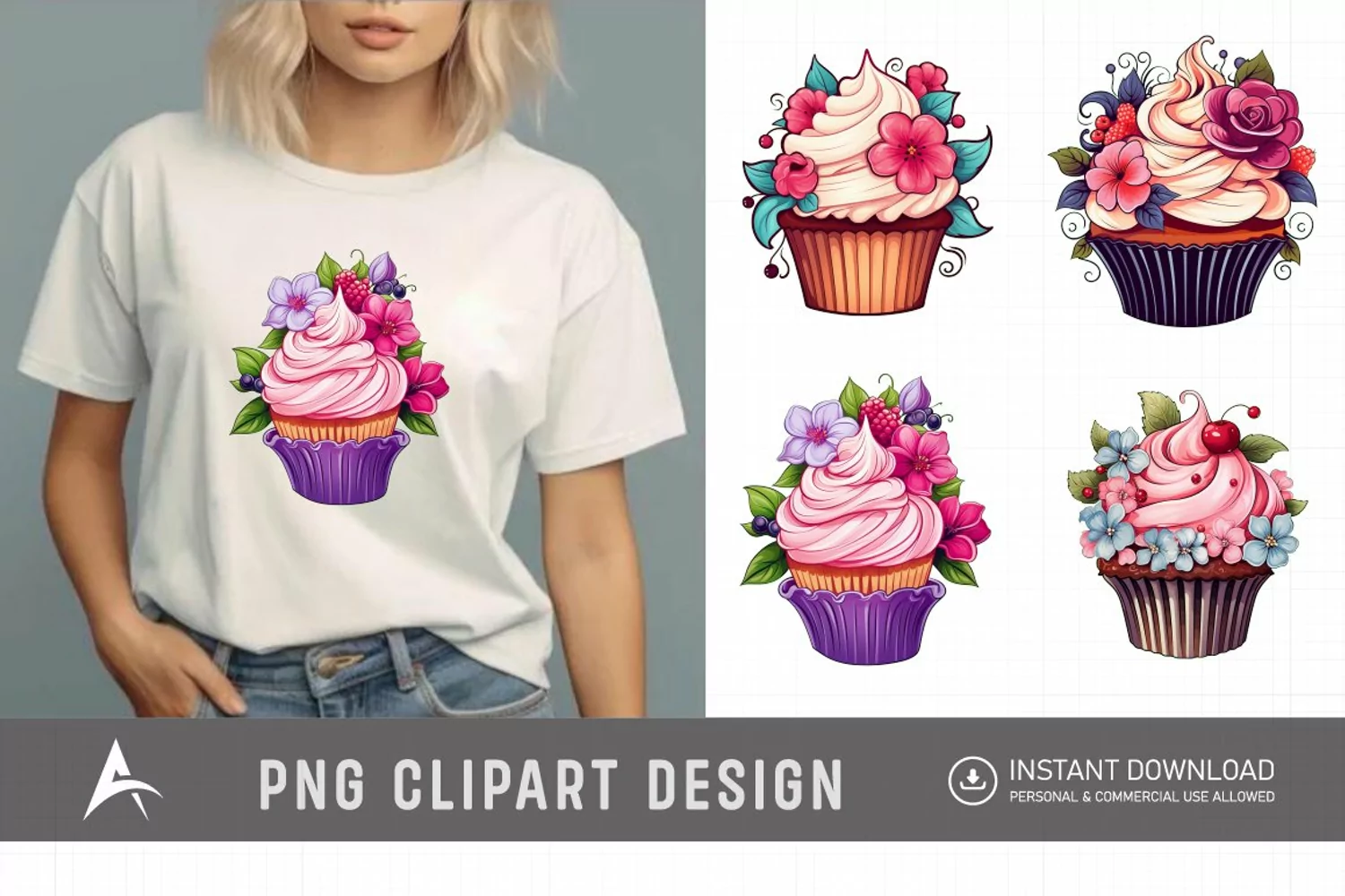 Watercolor Floral Cupcake Clipart product image 1