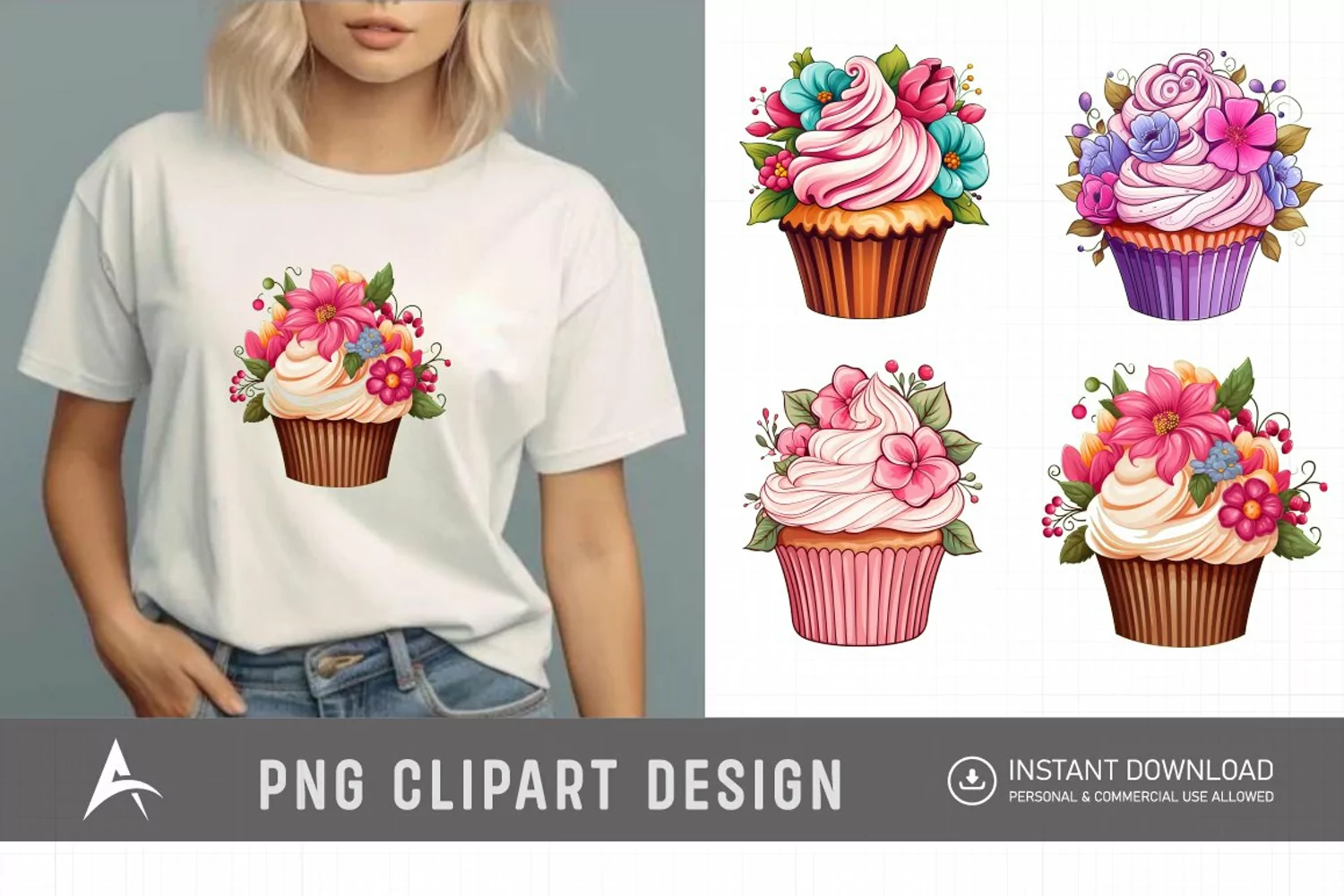 Watercolor Floral Cupcake Clipart product image 1