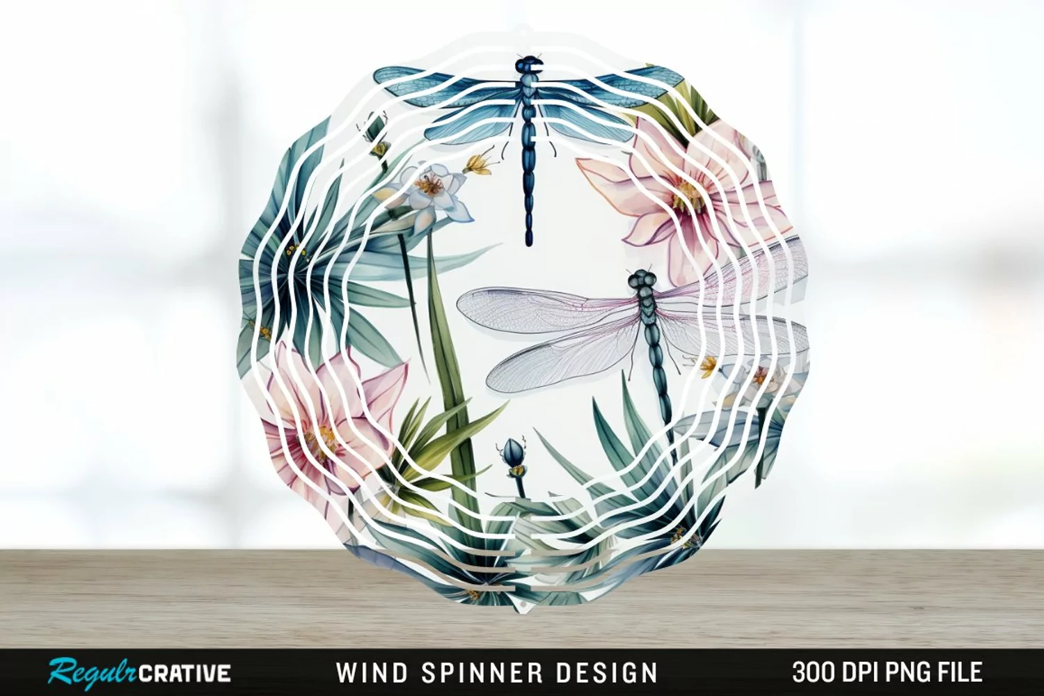 Watercolor Floral Dragonflies Wind Spinner Sublimation PNG product image 1