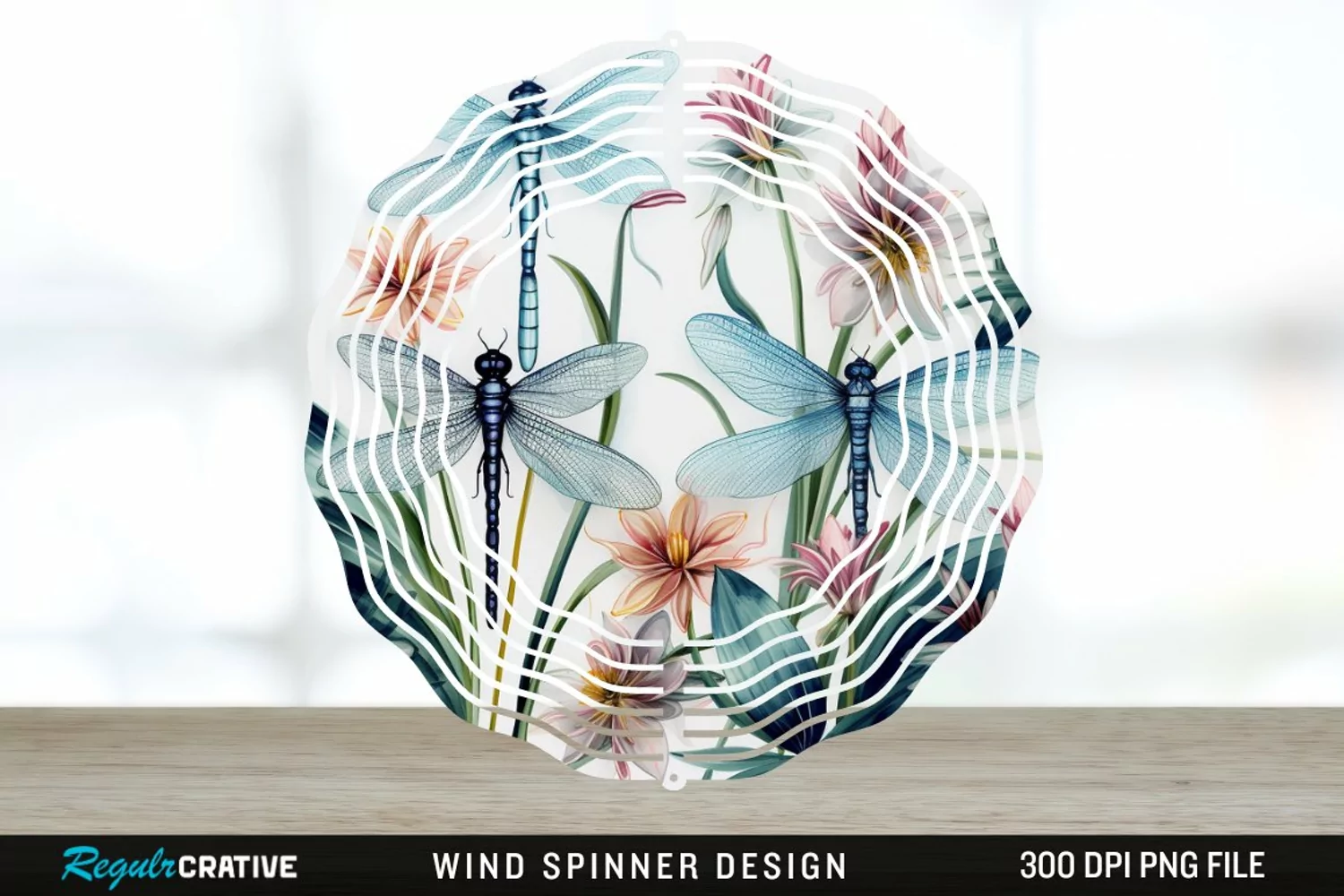 Watercolor Floral Dragonflies Wind Spinner Sublimation PNG product image 1